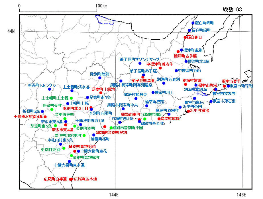 釧路・根室・十勝地方の震度観測点配置図 