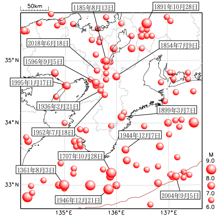 歴史地震の震央分布図