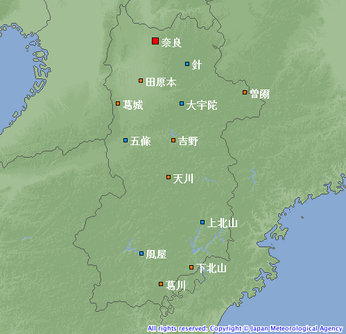 奈良県の地域気象観測所（アメダス）配置図 