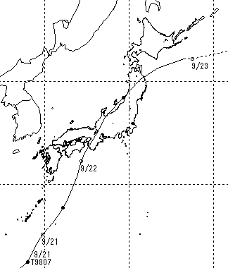 平成10年台風第7号の経路図
