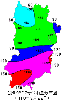 平成10年台風第7号の雨量分布図