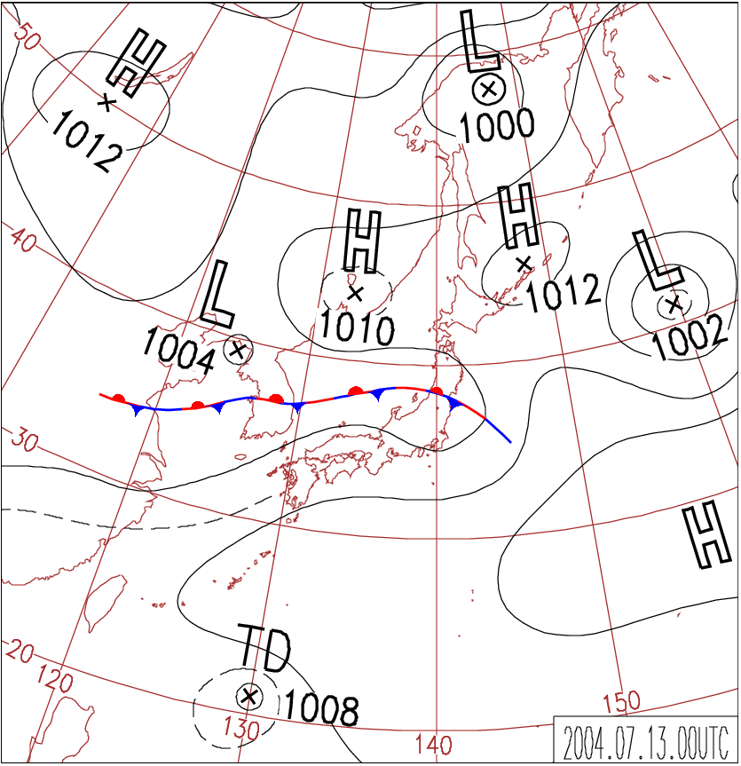 平成16年（2004年）7月13日9時の天気図