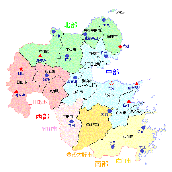 大分県内の気象庁観測施設配置地図