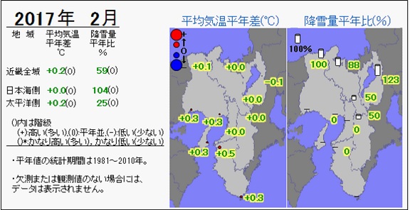 2017年2月の気温・降雪量の分布図