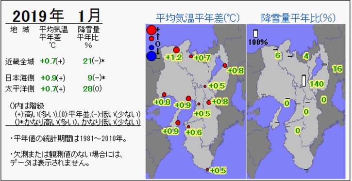 2019年1月の気温・降雪量の分布図