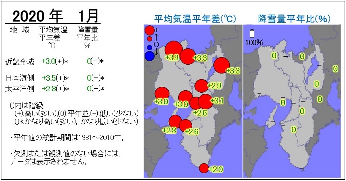 2020年1月の気温・降雪量の分布図