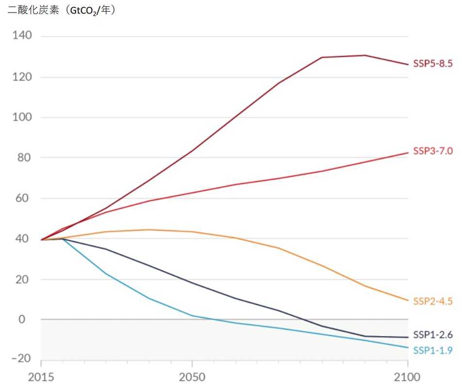 各SSPシナリオによる二酸化炭素排出量
