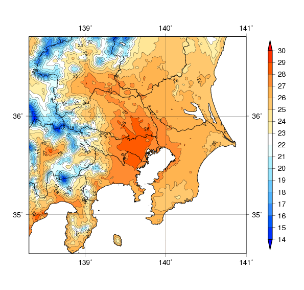 関東地方の８月の平均気温（2009～2017年の各８月のシミュレーション結果の平均）