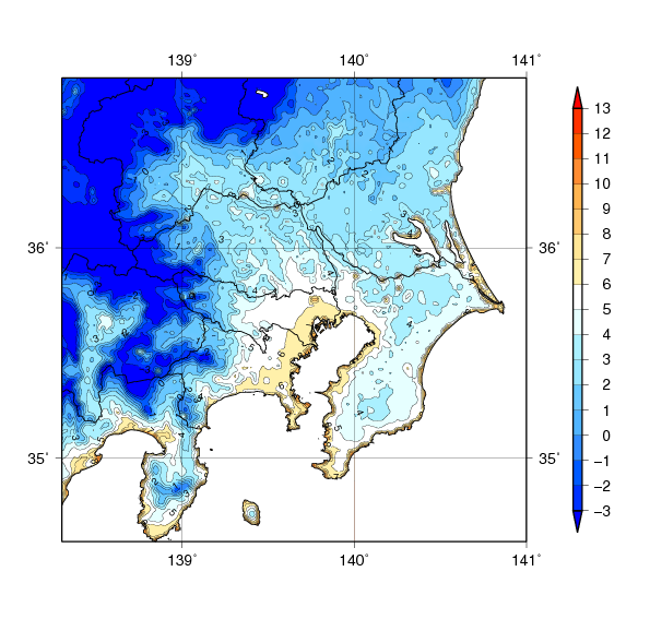 関東地方の１月の平均気温（2010～2018年の各１月のシミュレーション結果の平均）