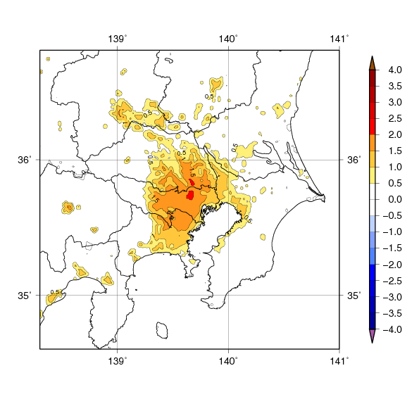 関東地方の都市化の影響による８月の平均気温の変化（2009～2017年の平均）