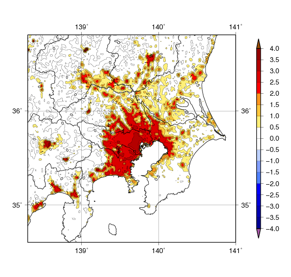 関東地方の都市化の影響による１月の平均気温の変化（2010～2018年の平均）