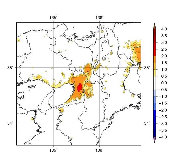 近畿地方における9年間（2009～2017年）平均した8月の都市化の影響による平均気温の変化
