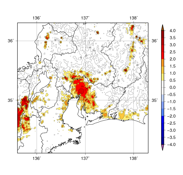 東海地方における9年間（2010～2018年）平均した1月の都市化の影響による平均気温の変化
