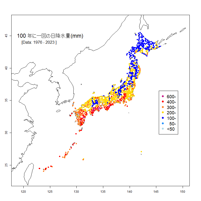 100年に一回に日降水量を日本地図で表示している図