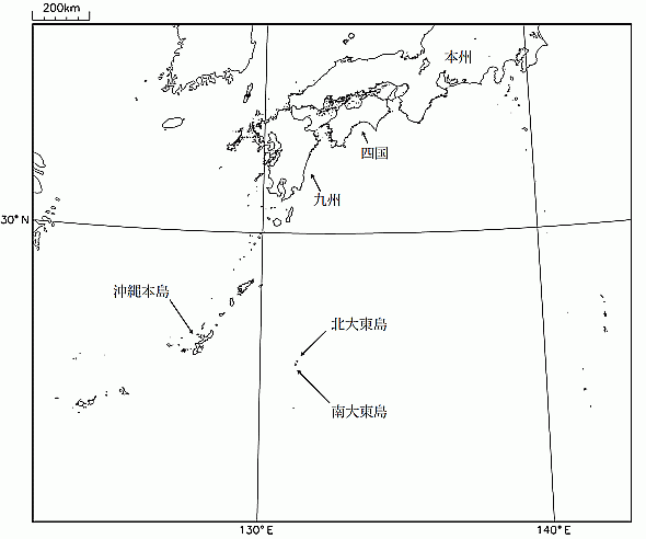 西日本と南大東島の位置関係