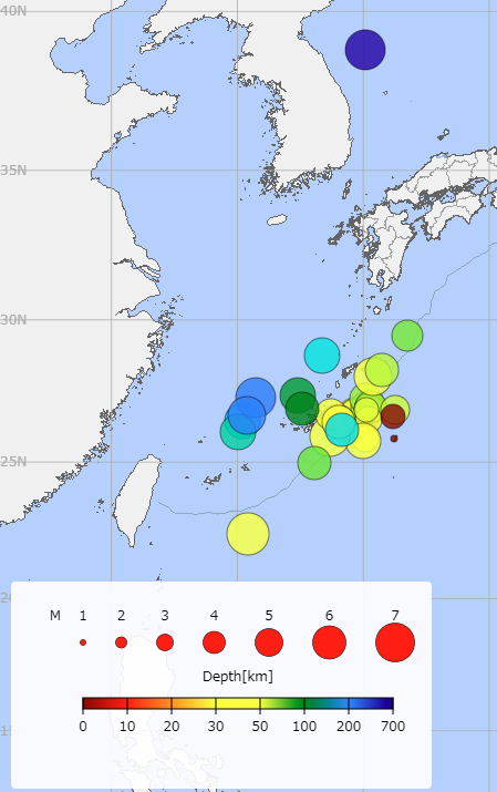 大東島地方で震度１以上を観測した地震