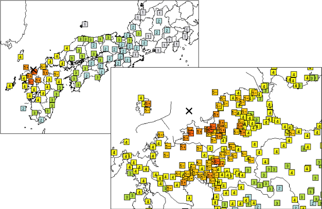3月20日10時53分の福岡県西方沖の地震（M7.0）の震度分布図
