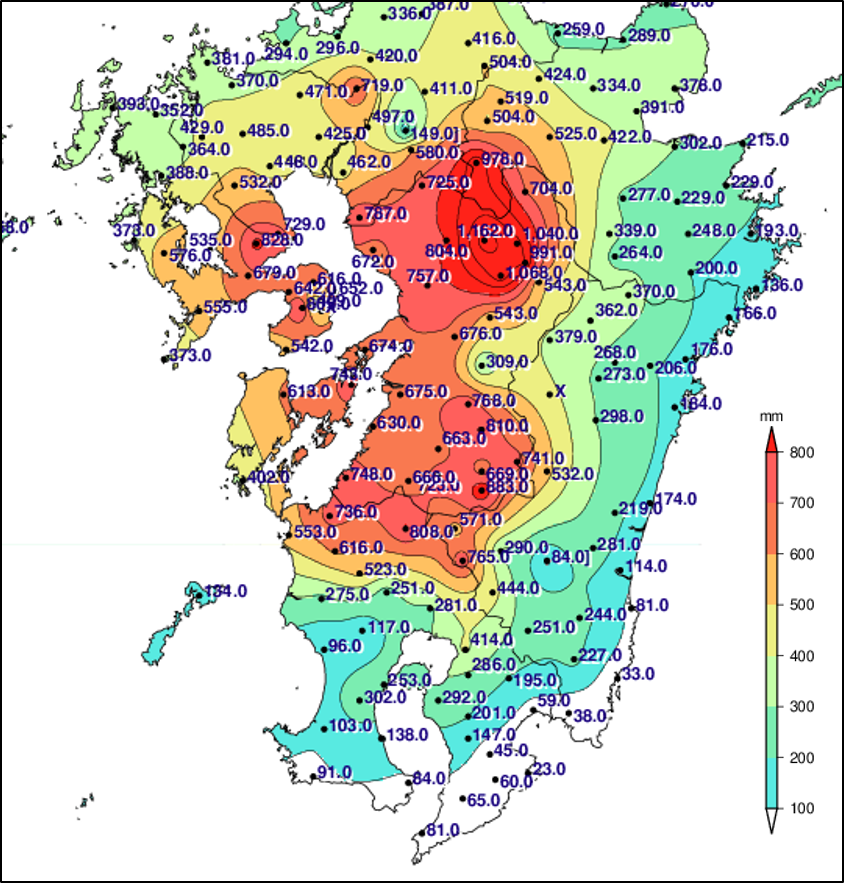 1997年7月7日から13日の降水量分布図