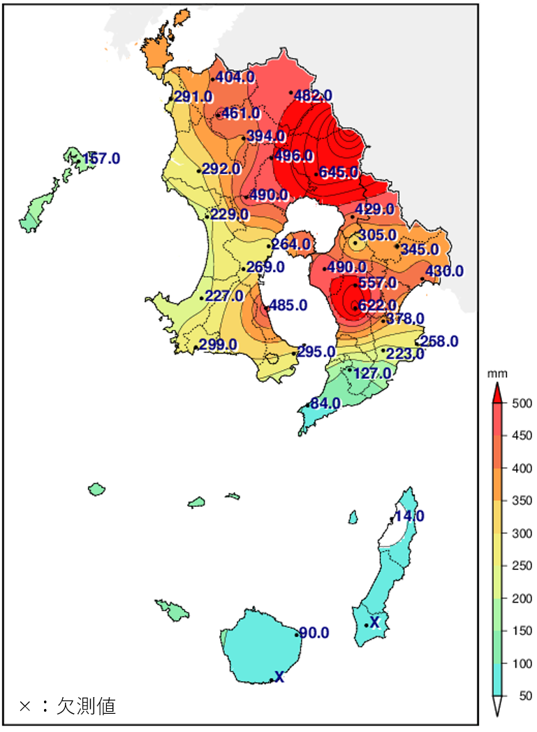 7月31日～8月2日の総降水量分布図