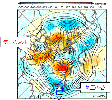 半旬平均500hPa高度および平年偏差(半旬平均、2010年12月27日~31日)