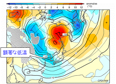 半旬平均850hPa気温および平年偏差(半旬平均、2010年12月27日~31日)