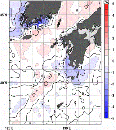 九州・山口県周辺海域 旬平均海面水温の平年差(2010年12月21日~31日平均)