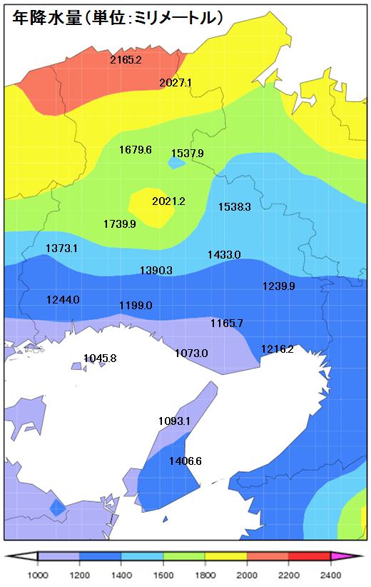 兵庫県の年降水量分布図