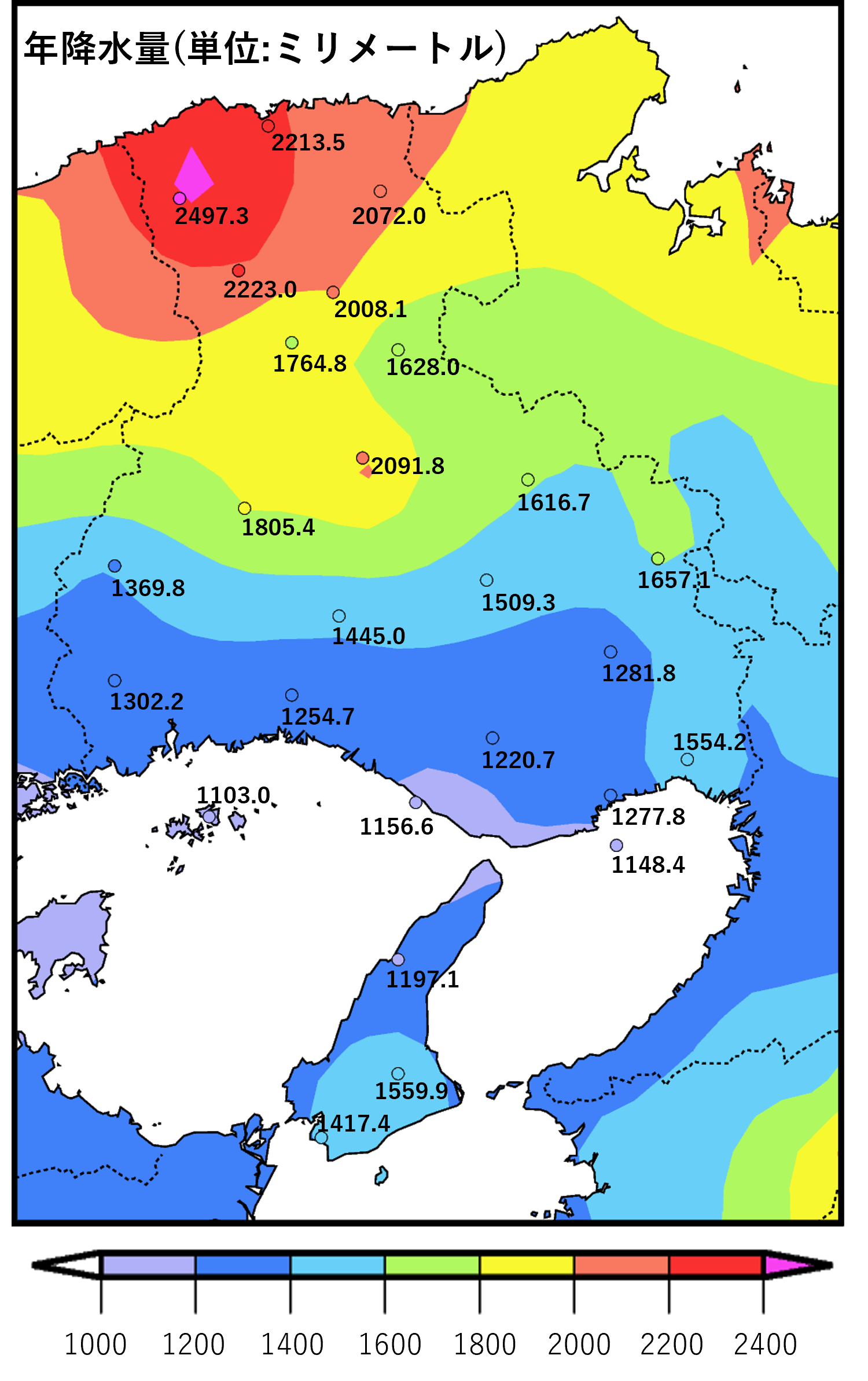 兵庫県の年降水量分布図