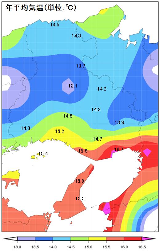 兵庫県の年平均気温分布図