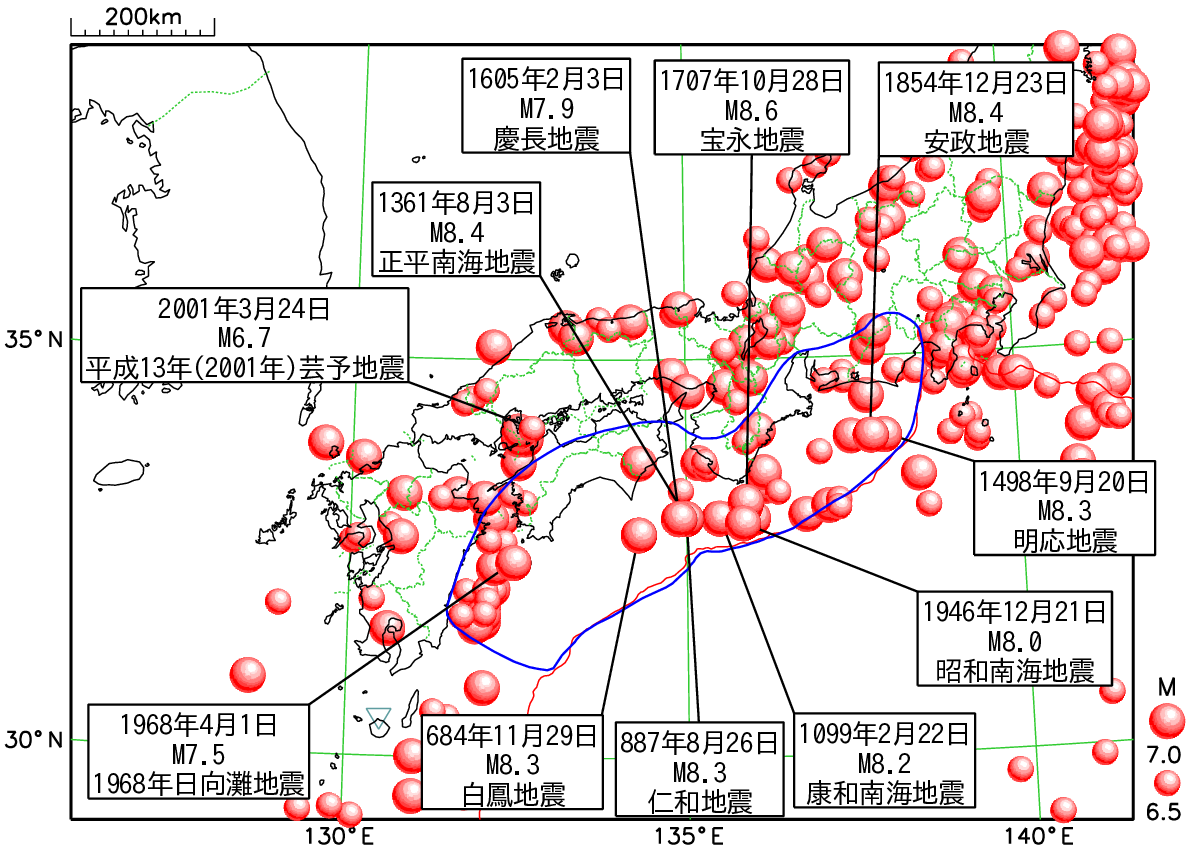 高知県に被害を及ぼした地震（震央分布図）