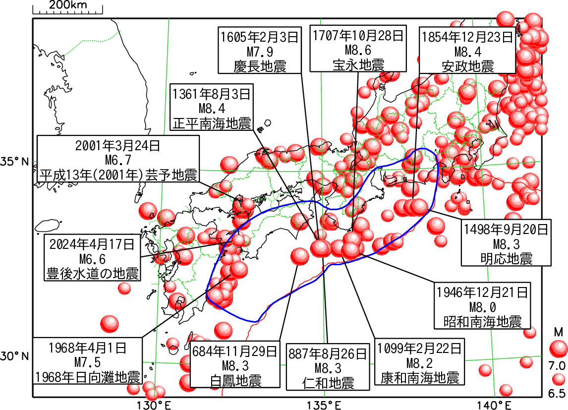 高知県に被害を及ぼした地震（震央分布図）