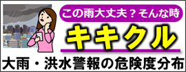 キキクル（大雨・洪水警報の危険度分布）のバナー：土砂災害、浸水害、洪水災害の危険度の高まりを面的に確認できる「キキクル」へのリンク