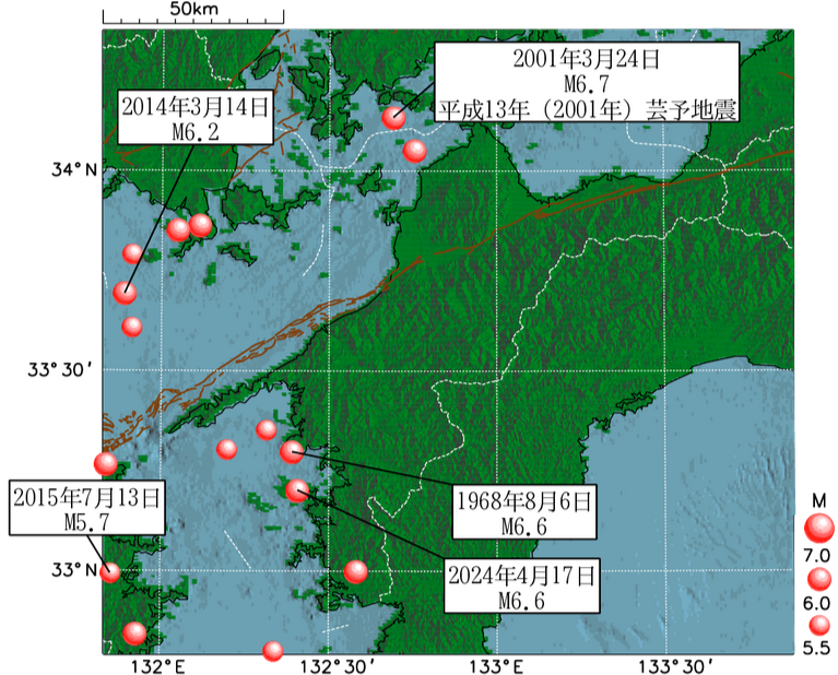 愛媛県周辺で発生したM5.5以上の地震の震央分布図