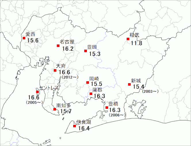 アメダスの年平均気温の平年値(1991～2020年)