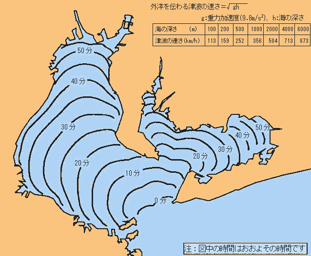 太平洋から進入した津波が湾内を伝わる様子