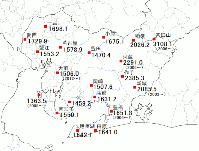 アメダスの年間降水量の平年値(1991～2020年)