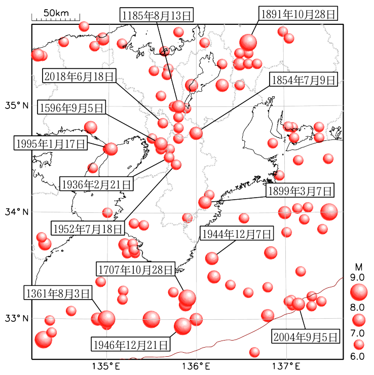 歴史地震の震央分布図