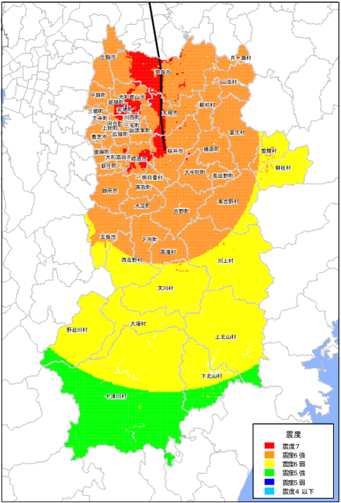 奈良盆地東縁断層帯による震度分布推計図