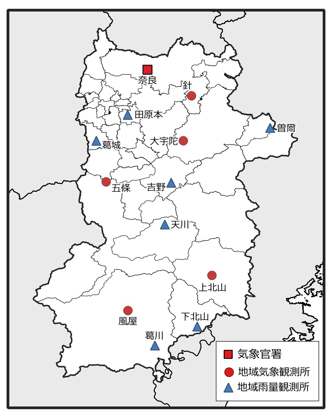 奈良県の地域気象観測所配置図