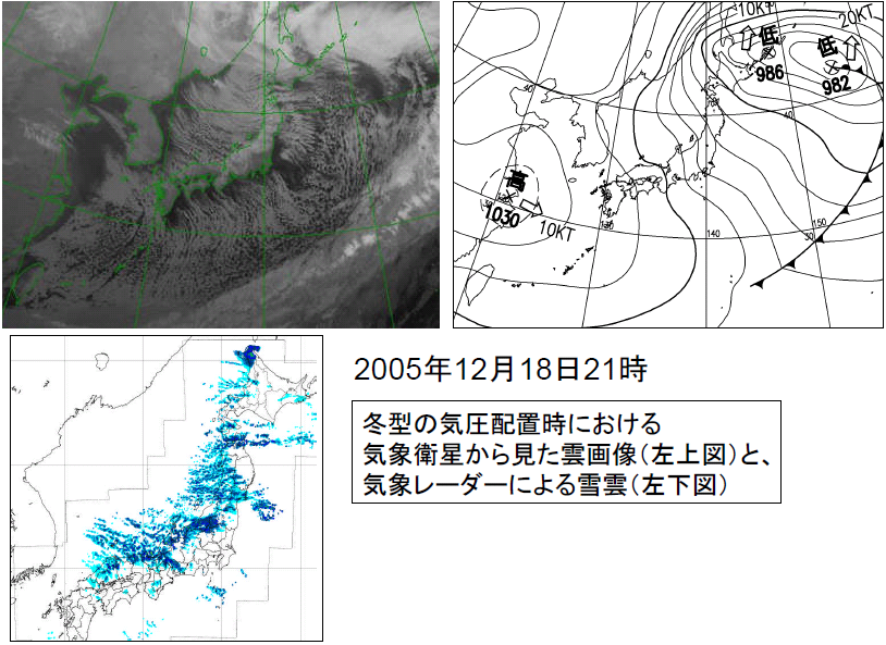 冬型の気圧配置時の天気図、衛星画像、雨の分布