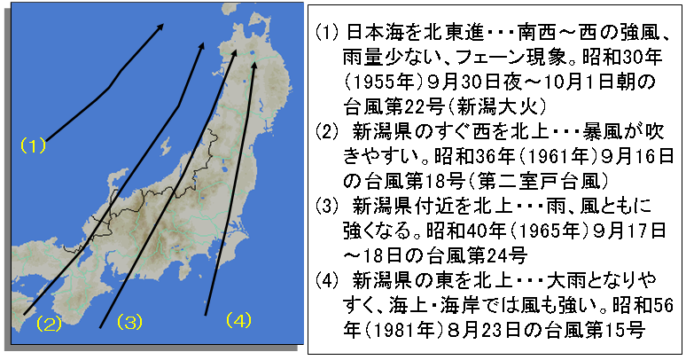 代表的な台風の経路と新潟県への影響