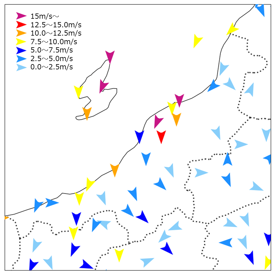 令和元年（2019年）10月12日22時の新潟県の風向・風速の分布