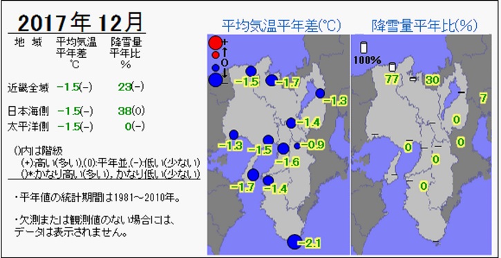 2017年12月の気温・降雪量の分布図