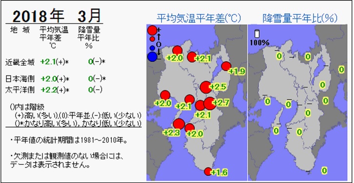 2018年3月の気温・降雪量の分布図