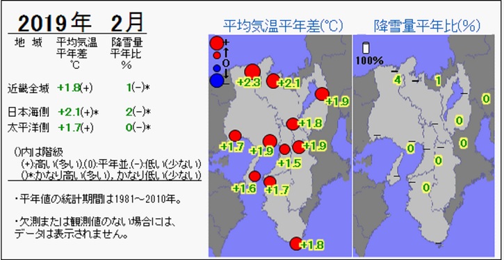 2019年2月の気温・降雪量の分布図