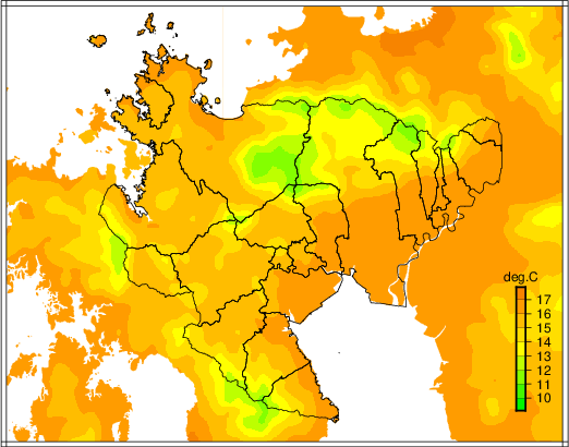 佐賀県の年平均気温の分布