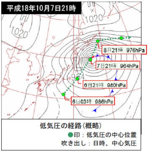 天気図（2006.10.7.21時）と低気圧（ていきあつ）の経路（けいろ）図