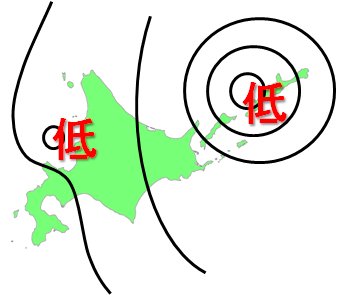 冬型の気圧配置が弱まり、石狩湾に小さな低気圧が発生