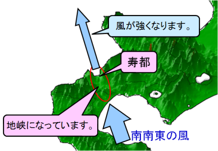 山に挟まれてせまくなったところを吹き抜ける南南東の風