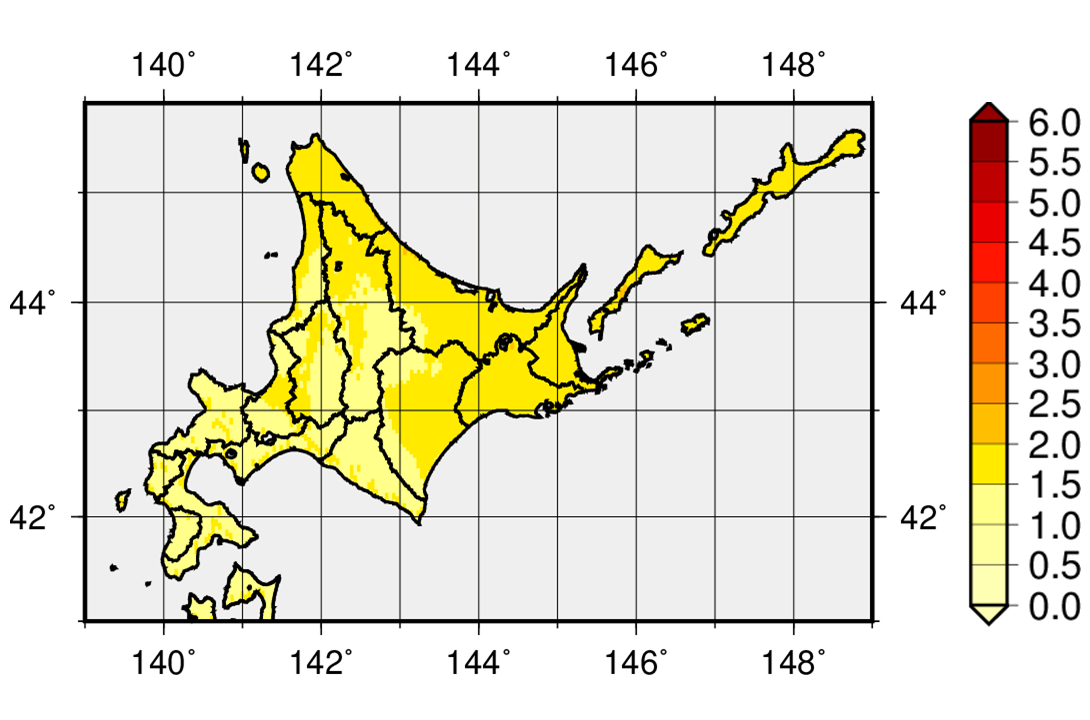 北海道地方の平均気温の変化（RCP2.6）